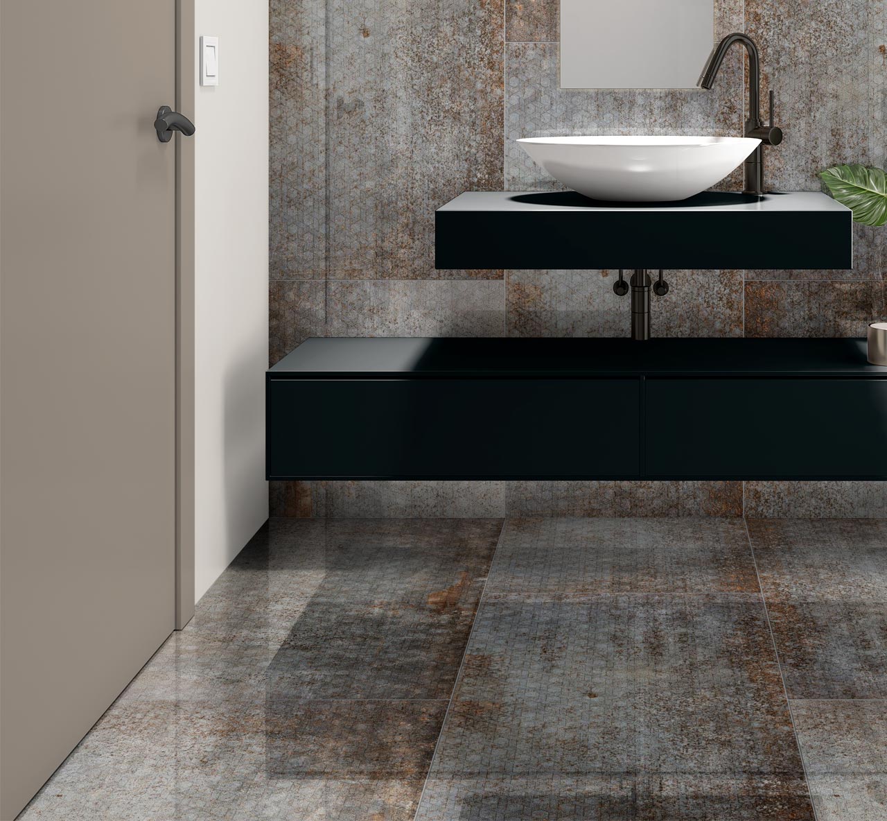 Evoque Grey Gloss Metal Effect Décor Tile used as polished bathroom floor tiles in a small urban industrial styled bathroom