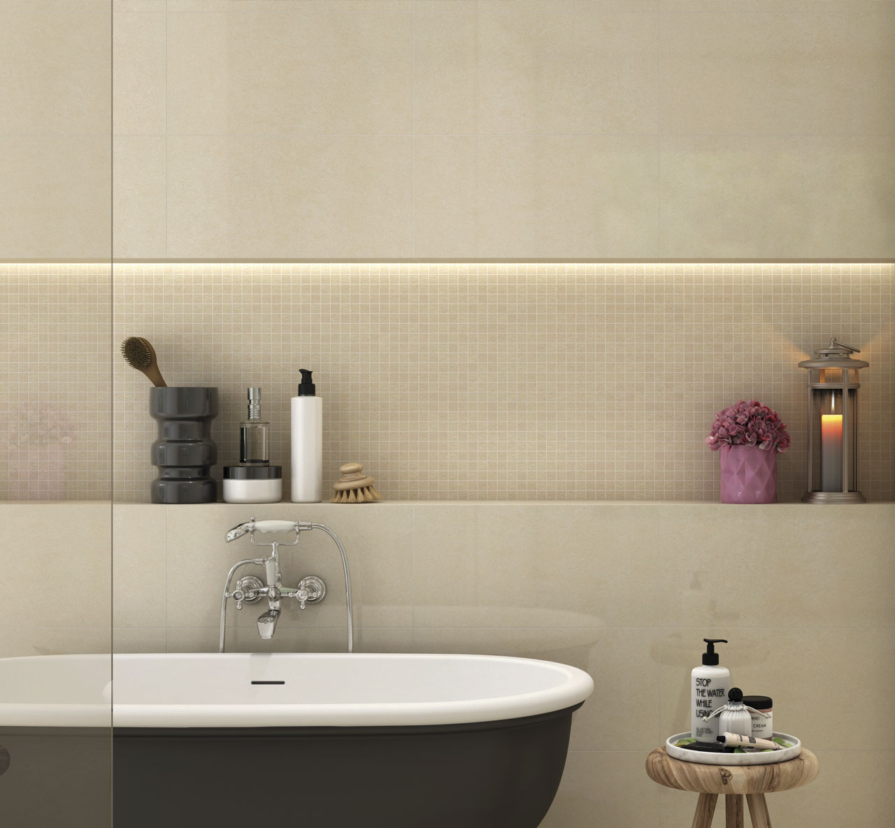 Lounge Beige Polished Stone Effect Tiles used as polished cement effect wall tiles in a calming beige bathroom