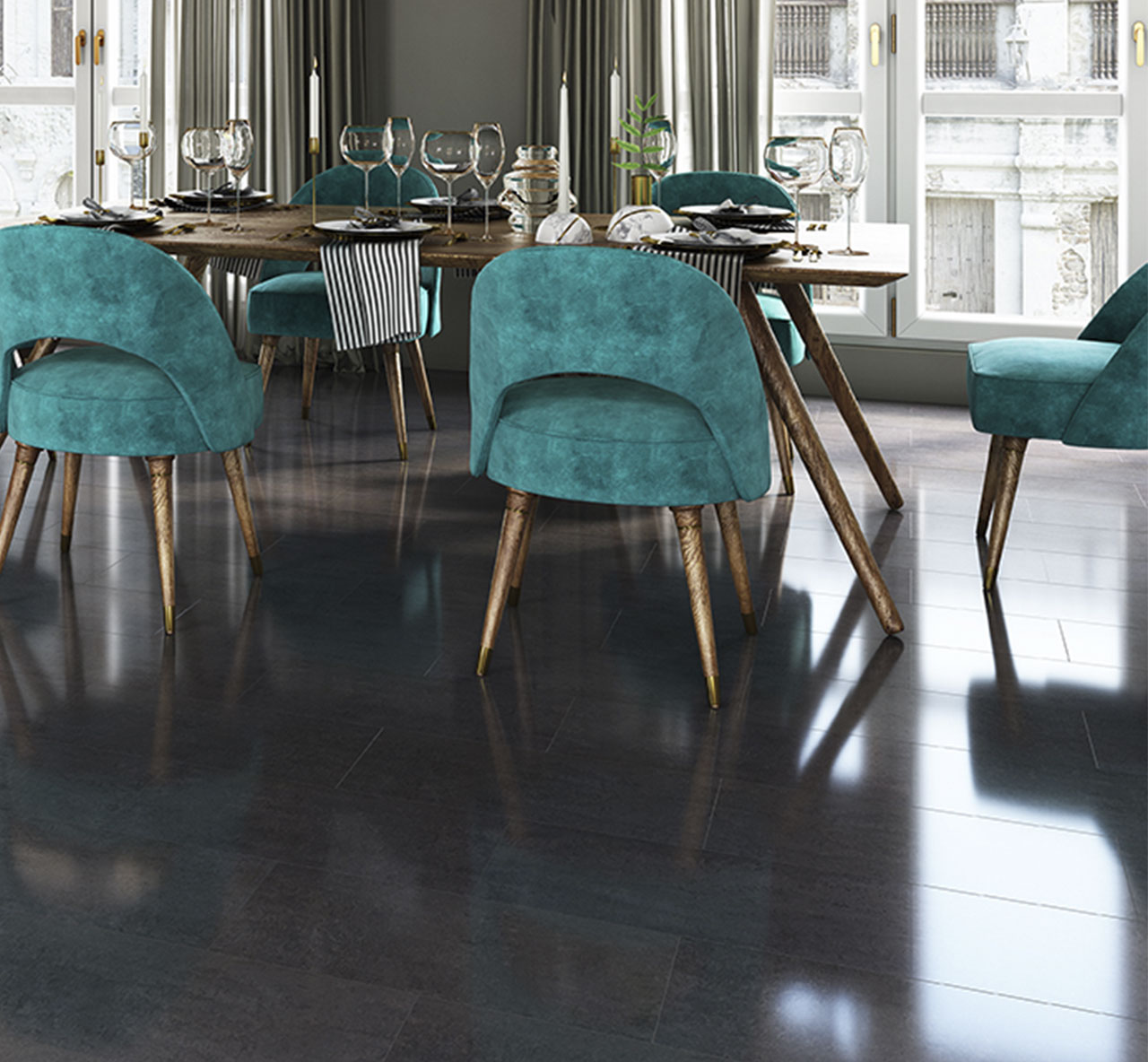 Lounge Mocha Polished Stone Effect Tiles used on the floor of a trendy cafe with blue dining chairs Lounge Mocha Polished Stone Effect Tiles used on the floor of a trendy cafe with blue dining chairs