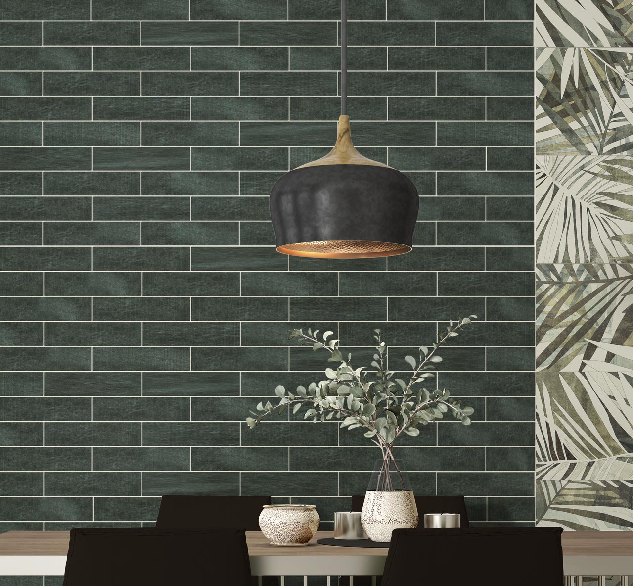 Marakkesh Green Gloss Metro Tiles used as stunning subway wall tiles like a floral feature wall in a dining room
