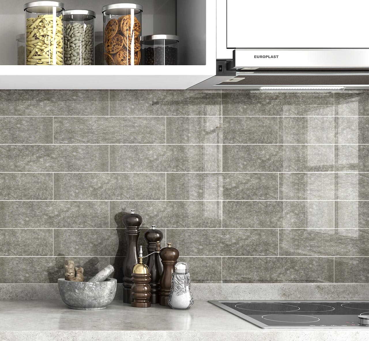 Marakkesh Greige Gloss Metro Tiles used as grey kitchen splashback wall tiles in a traditional kitchen