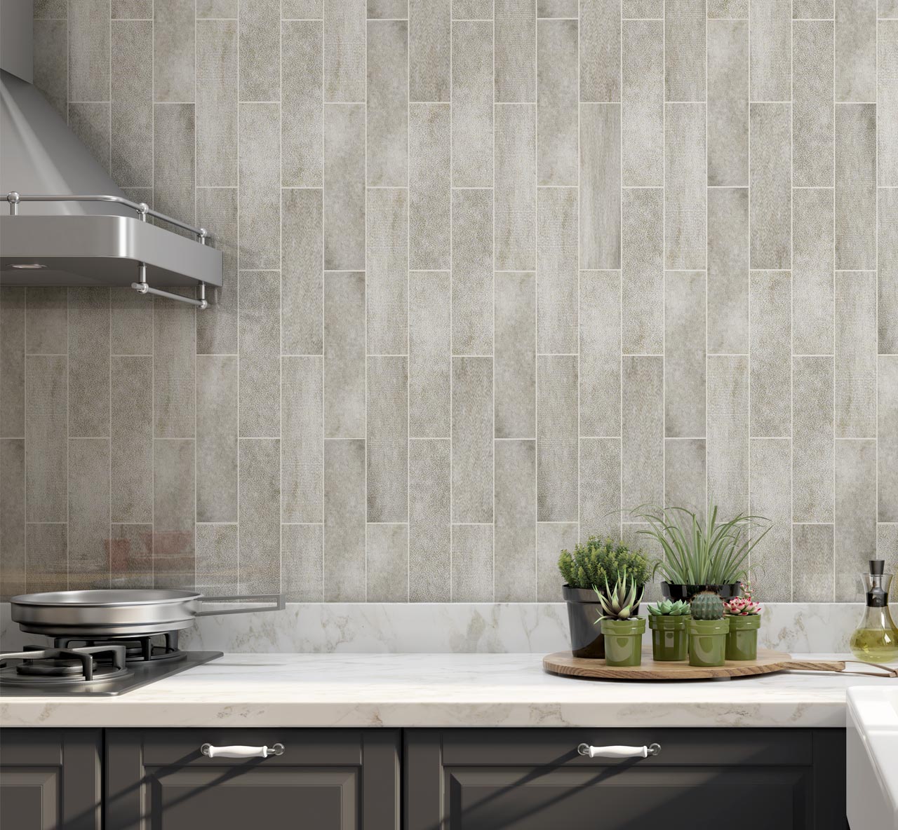 Marakkesh Grey Gloss Metro Tiles used as polished kitchen wall tiles in a calming grey kitchen