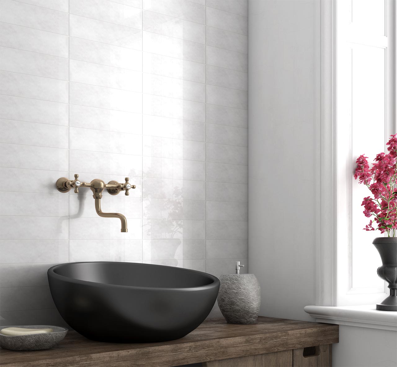 Marakkesh White Gloss Metro Tiles used as white bathroom wall tiles in a small bathroom with a fuchsia pink flower on the windowsill.