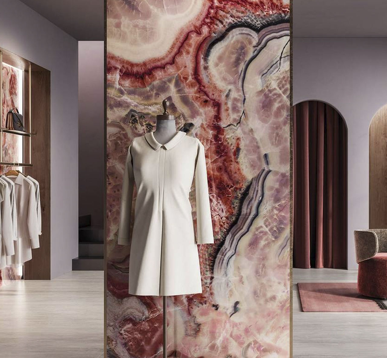 Preziosi Rock Polished Colourful Marble Effect Tile used as a feature wall tiles in a high end fashion shop