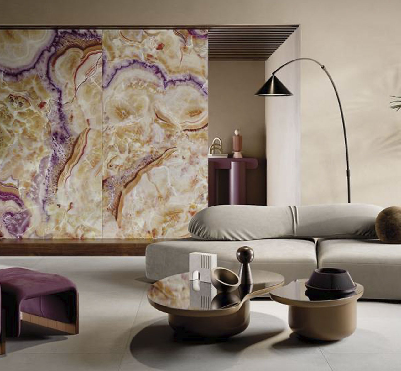 Preziosi Rio Polished Colourful Marble Effect Tile used as a feature wall tile in a modern sitting room