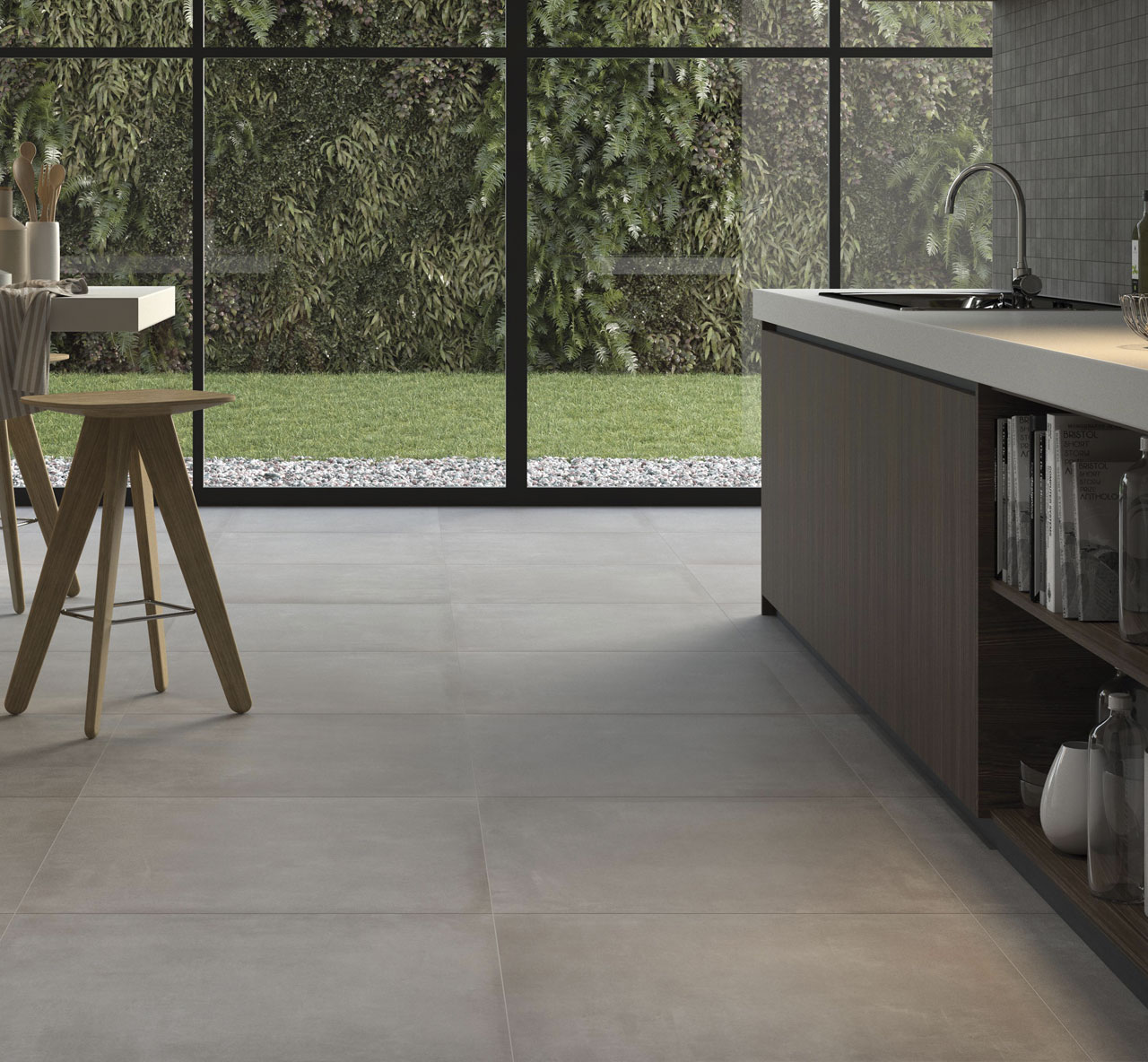 Basic Concrete Matt Grey Concrete Effect Tiles used as kitchen floor tiles in a modern open plan kitchen dining area