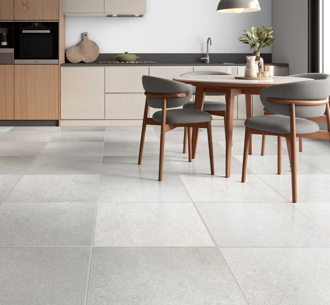 New York White Porcelain Cement Effect Floor Tiles used in a spacious modern kitchen