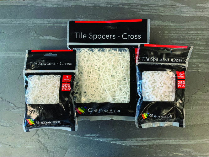 Bags of Genesis traditional tile spacers, featuring a range of cross tile spacers and T shaped tile spacers.