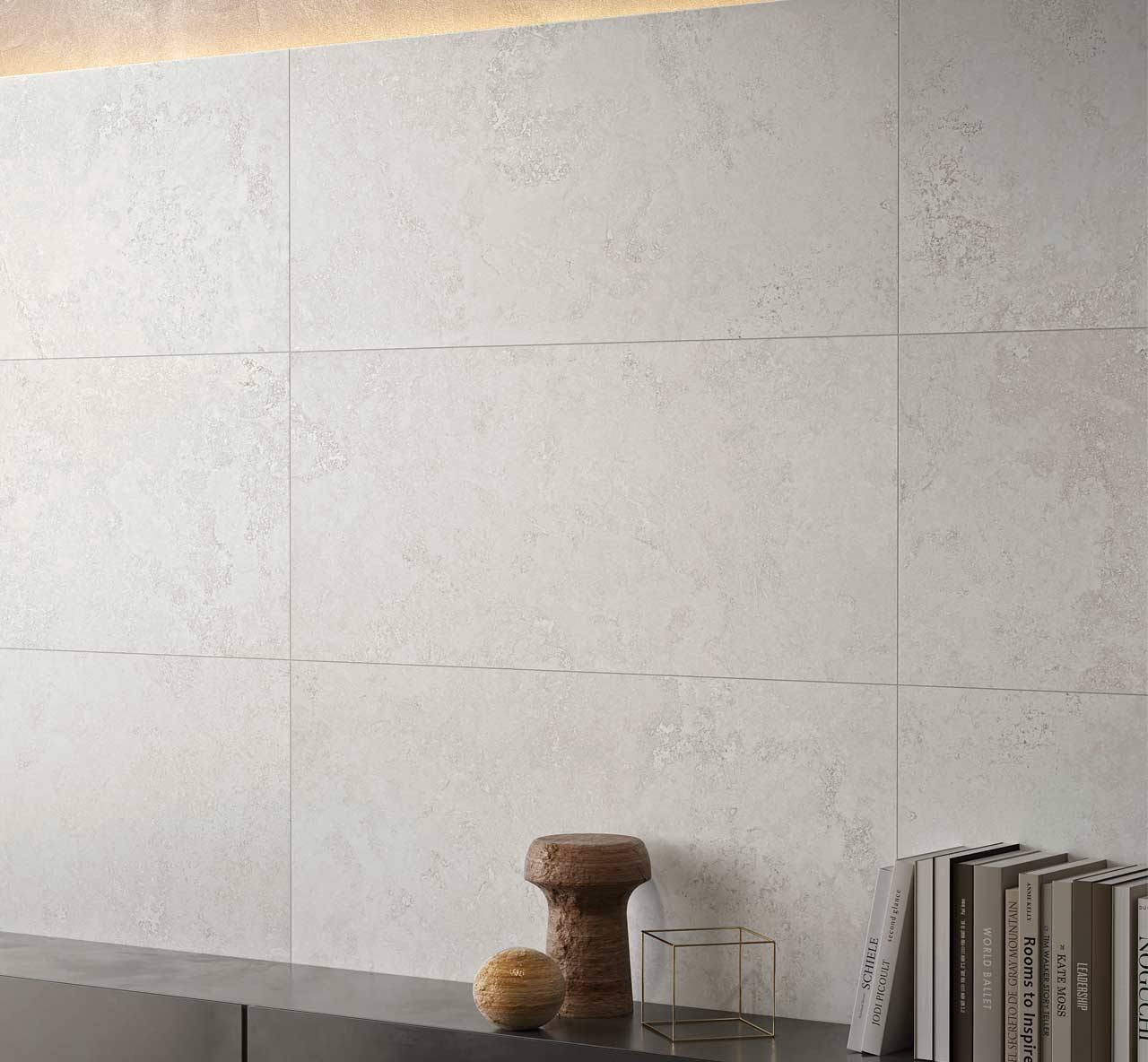 Travertino Bianco Travertine Effect Tiles used as stone wall tiles in a modern sitting room