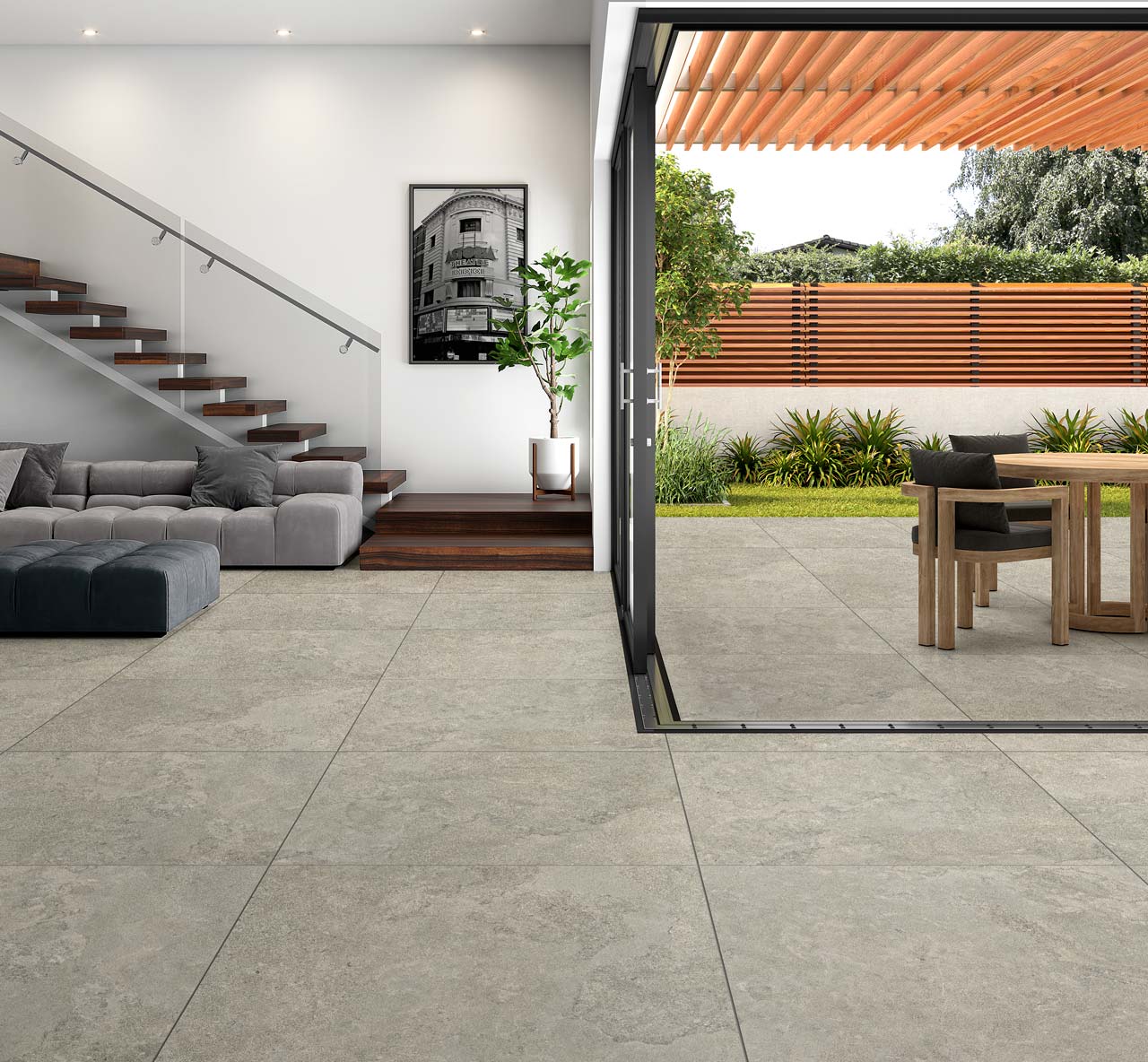 Valverdi Astoria stone effect Outdoor Tiles used on a modern stone patio area with matching grey stone effect indoor tiles