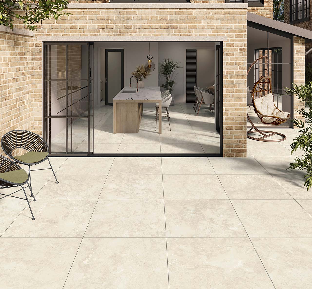 Valverdi Catania stone effect Outdoor Tiles used in a sun washed patio with matching indoor Catania tiles