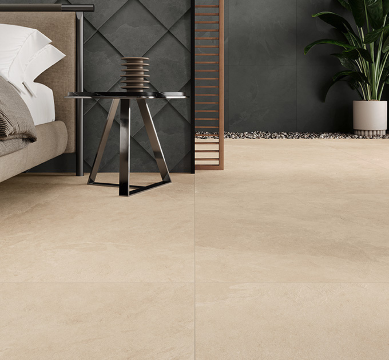 Fossil Khaki warm beige stone effect tiles used on the floor in a bedroom