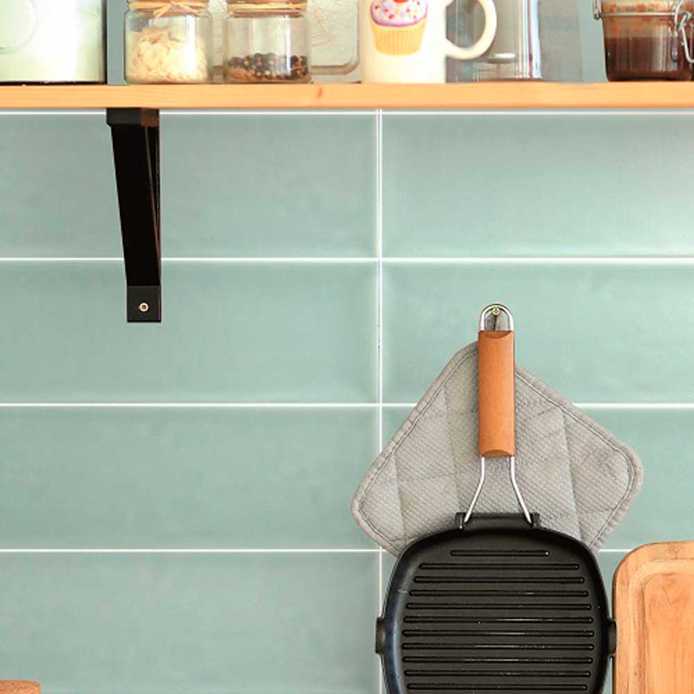 Chic Matt Green Metro Wall Tiles used as green wall tiles in a traditional kitchen