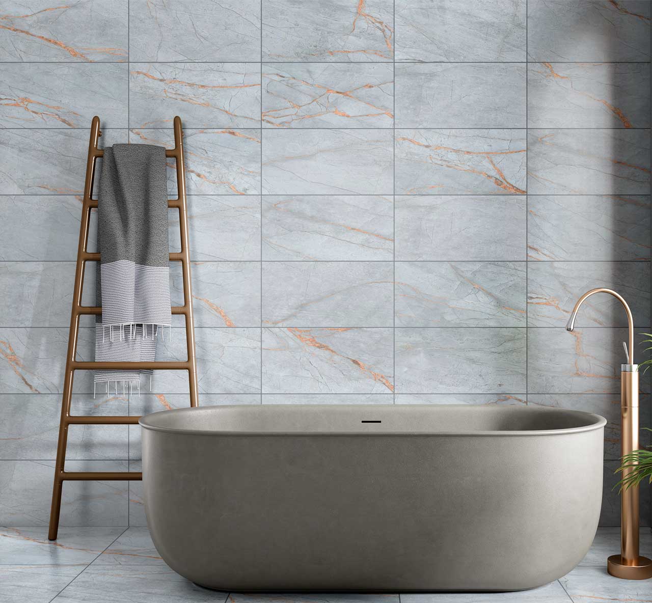 Napoleon Marble Wall Tiles used in a calming marble walled bathroom with a freestanding bath