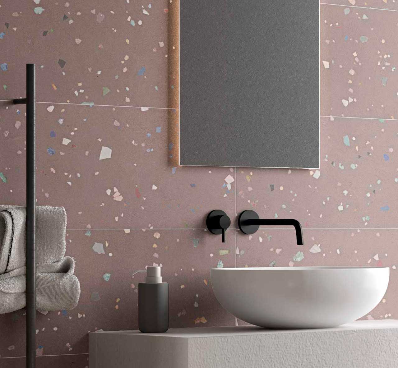 Galaxy Terrazzo Rose Wall Tiles used as stunning speckled pink wall tiles in a bathroom