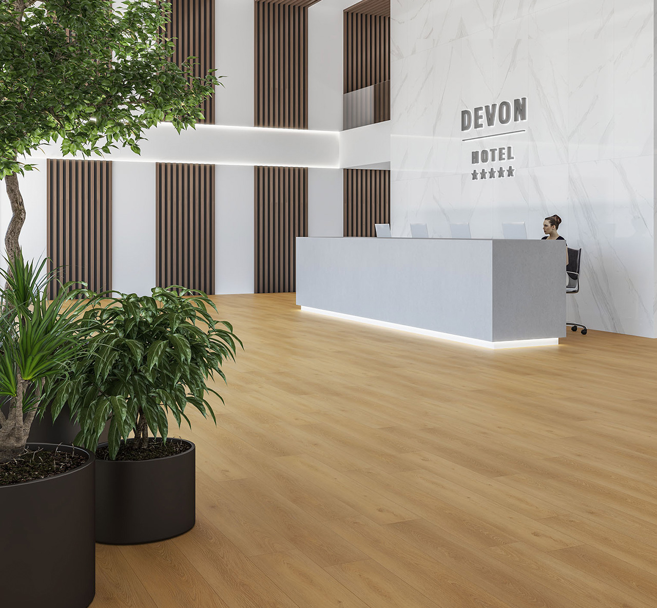 Kerlux Devon Roble Oak Rigid Core SPC Vinyl Flooring (152cm x 23cm) used as lobby flooring in a hotel