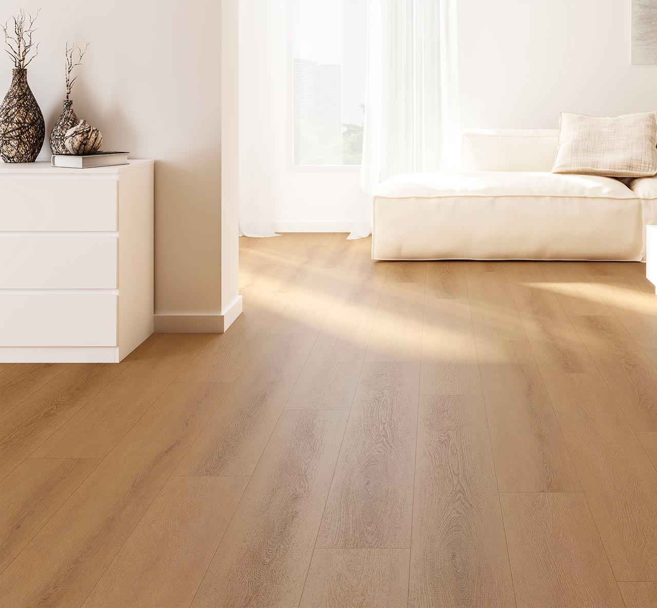 Kerlux Dorset Roble Oak Rigid Core SPC Vinyl Flooring (152cm x 23cm) used in a white living room area