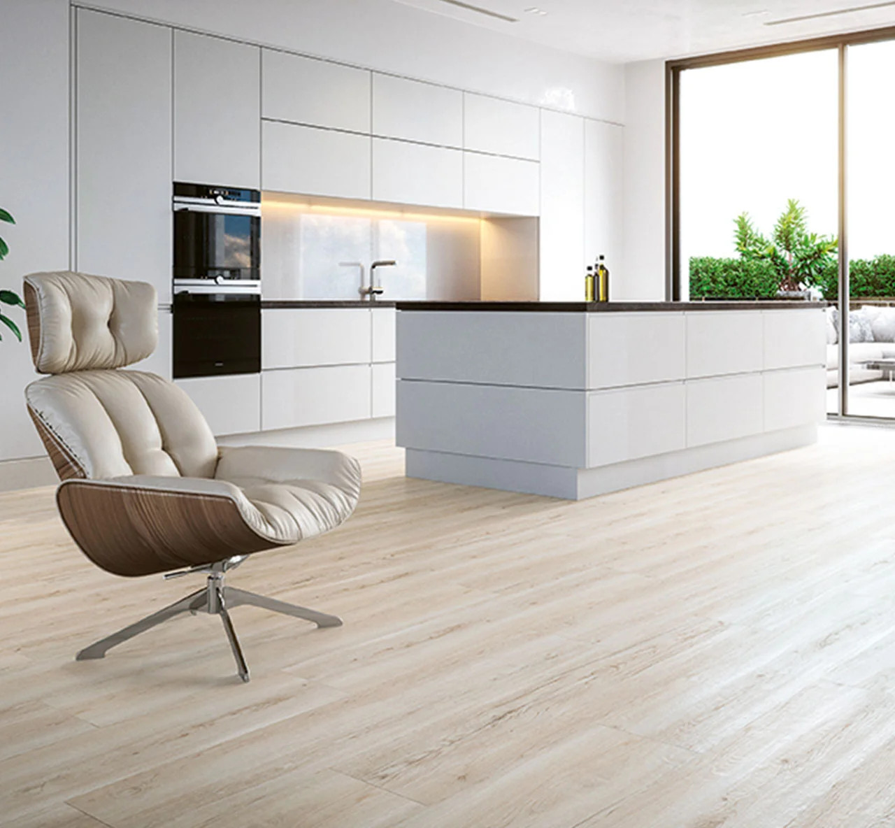 Oak White Wood Effect Porcelain Tiles (15cm x 75cm) used as wood look porcelain floor tiles in a naturally lit kitchen area with large windows