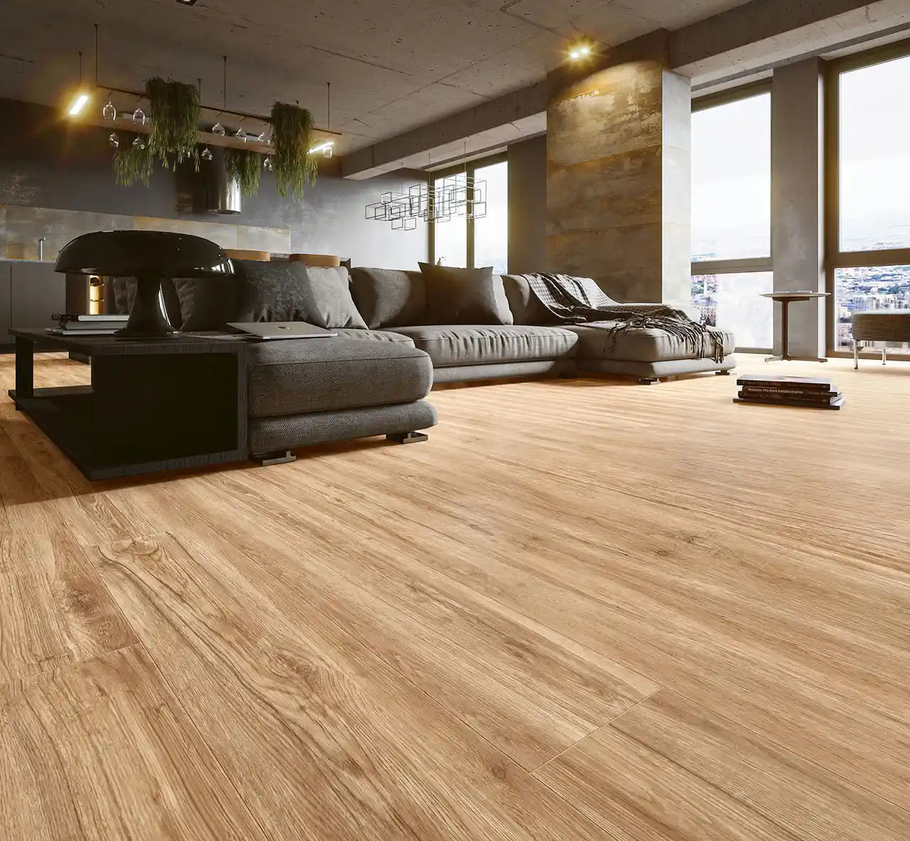 Oak Cream Wood Effect Porcelain Tiles (15cm x 75cm) used as wood look floor tiles in a large open sitting area with modern styling