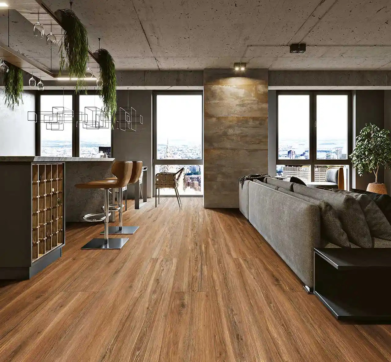 Oak Cream Wood Effect Porcelain Tiles (15cm x 75cm) used as wood look floor tiles in a large modern sitting area with in a contemporary home