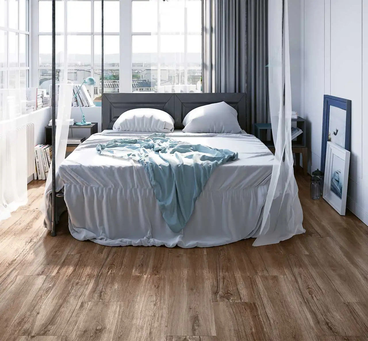 Oak Brown Wood Effect Porcelain Tiles (15cm x 75cm) used as wood look bedroom floor tiles in a small messy bedroom