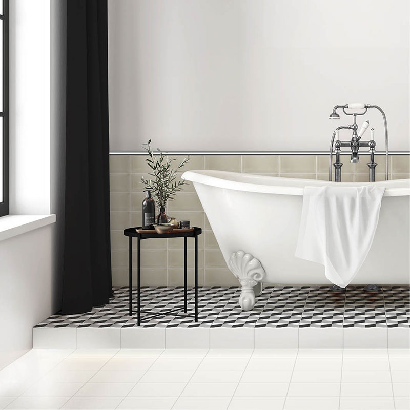 Gloss Cream Bevelled Metro Tiles used as bathroom splashback tiles in a modern bathroom