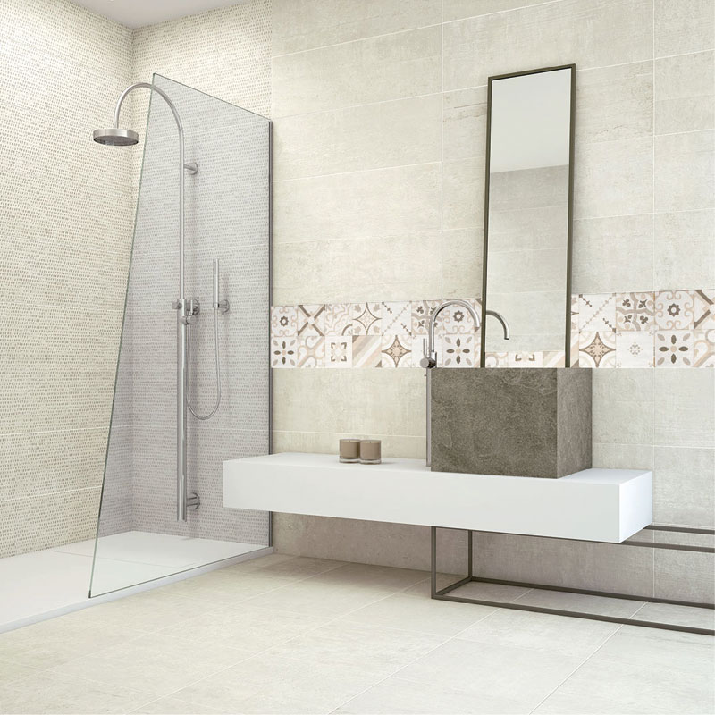 Pharaoh Patterned Stone Effect Wall Tiles used as bathroom wall tiles in a light bathroom