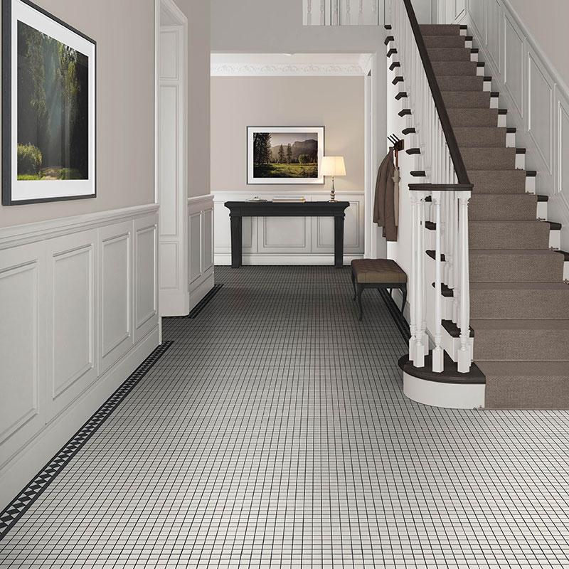 Victorian White Grey Mosaic Floor Tiles used in a hallway