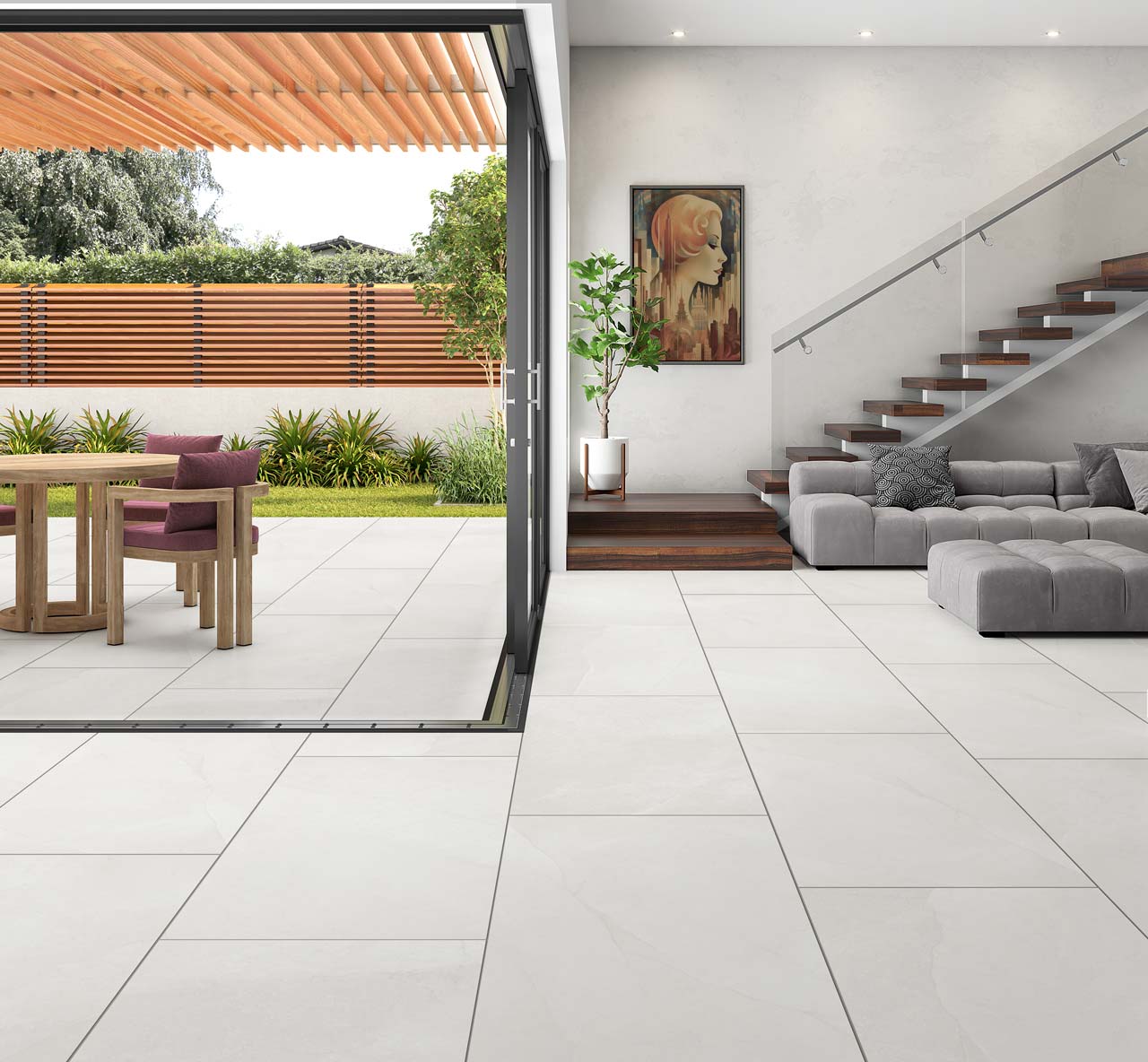 Co-ordinating Limestone effect porcelain floor tiles used in a living room with matching outdoor tiles