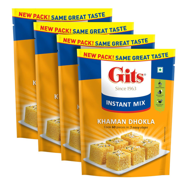 Gits Instant Khaman Dhokla Snack Mix, Makes 60 per Pack, Pure Veg, Indian Snack Mix, 2000g (Pack of 4, 500g Each)