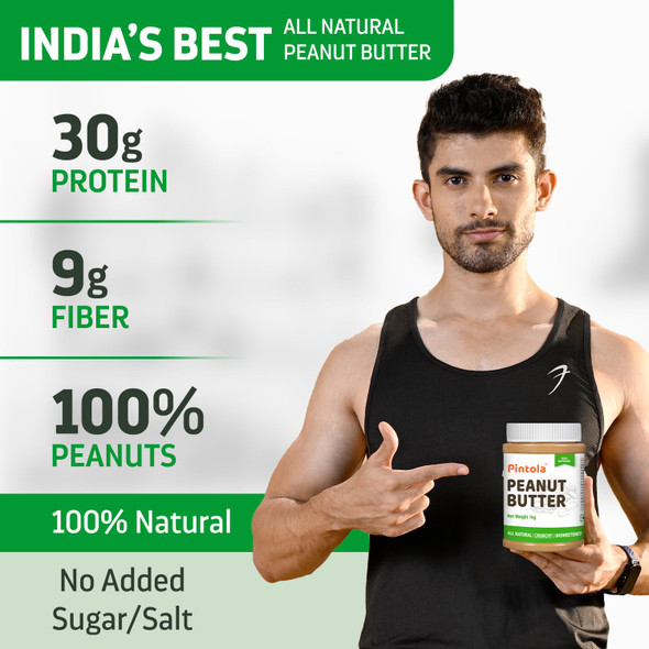 Pintola All Natural Peanut Butter (Crunchy) | Unsweetened | 30g Protein | Non GMO | Gluten Free | Vegan | Cholesterol Free|1 kg|2.43 lbs