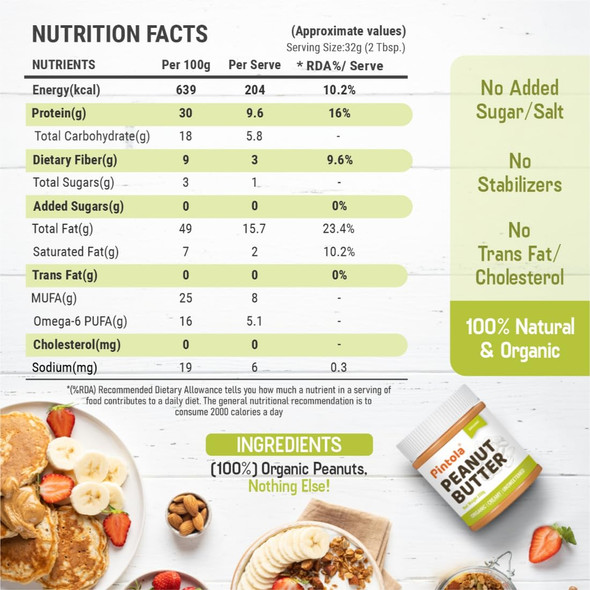 Pintola Organic Unsweetened Peanut Butter Creamy|350gm|12.35 Oz