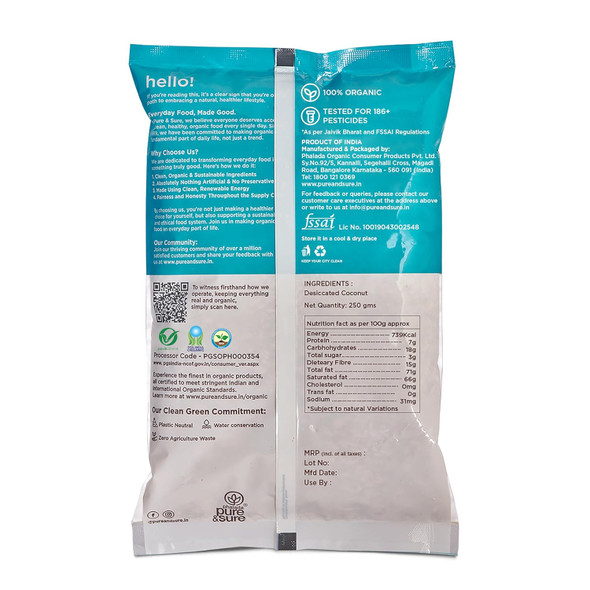 Pure & Sure Organic Desiccated Coconut Powder|250gm|8.82 Oz