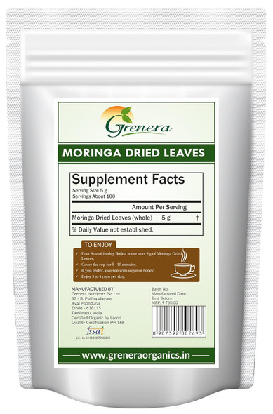 Grenera Organic Moringa Leaf Powder, 1 kg (Dried Whole Leaves)|500 gm|1.22 lbs