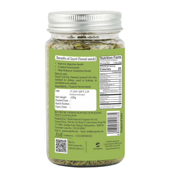 Praakritil Organic Fennel Seeds Saunf, Variyali|100gm|3.53 Oz