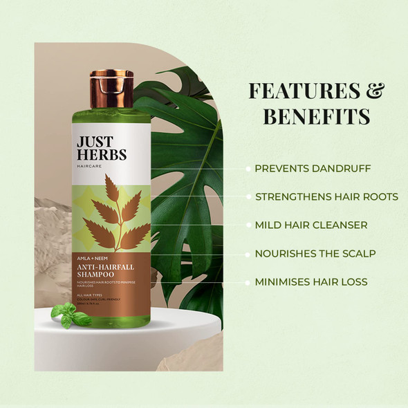 Just Herbs 8 in 1 Root Nourishing Amla Neem Hair Fall Control Shampoo For Men & Women - Suitable For Oily Hair Scalp, Sulphate & Paraben Free|200ml| 6.7 FlOz