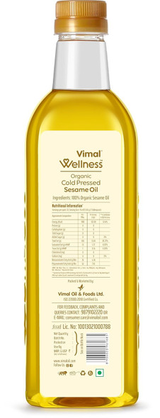 Vimal Wellness Cold Pressed Sesame Oil | 100% Pure & Organic Rich in Vitamin E & Omega 3, 6 | High Smoke Point for Cooking, Skincare & Haircare | Extracted from A1 Graded Sesame Seeds|1 L