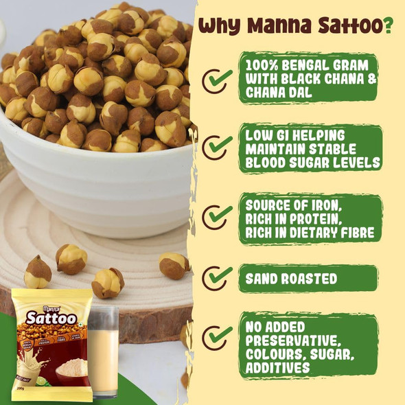 Manna Sattu/Sattoo Drink Mix (Natural) - Indian Protein Mix, High Fibre, Healthy Roasted Chickpeas Flour|(500g x 2 Packs)|2.43 lbs