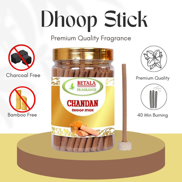 Betala Fragrance Chandan (Sandalwood) Flavour Dhoop Sticks for Pooja, Pack of 200 Gm Dhup Batti with Holder, Agarbatti, Incense Stick, Sandal, Cones, Cup, Sambrani (200 Gm, Chandan)