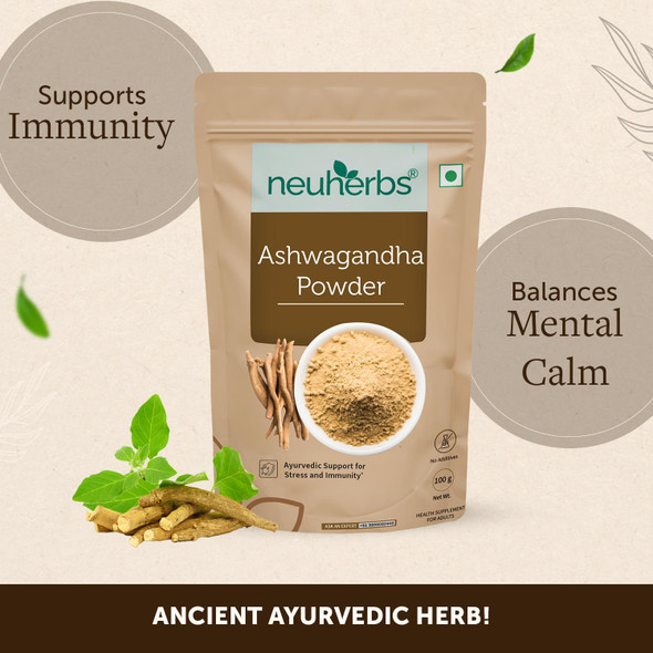 Neuherbs Ashwagandha Powder - 100 Gm | Ayurvedic Support for Stress Relief, Mental Calmness & Anxiety Issues | Support Strength & Energy | Certified|100 gm|3.53 Oz