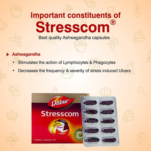 Dabur Stresscom Ashwagandha Capsules|10 caps (6 strips)|3.53 Oz
