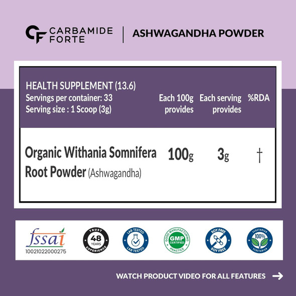 100% Organic Ashwagandha Powder for Stress Management|100 gm|3.53 Oz