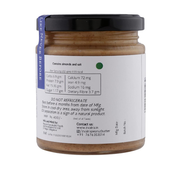 Zvatra Almond Butter Unsweetened Creamy | Made to Order | Organic Natural Smooth Nut Butter | Slow Roasted & Stone Ground|200gm|7.05 Oz