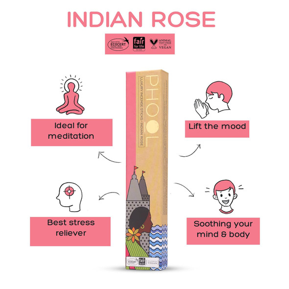 PHOOL LUXURY INCENSE Good Vibes Pack Of 2 Natural Agarbatti For Pooja - Indian Rose & White Cedar | Free Wooden Stand Sulpher & Charcoal Free | 100% Organic Incense Sticks