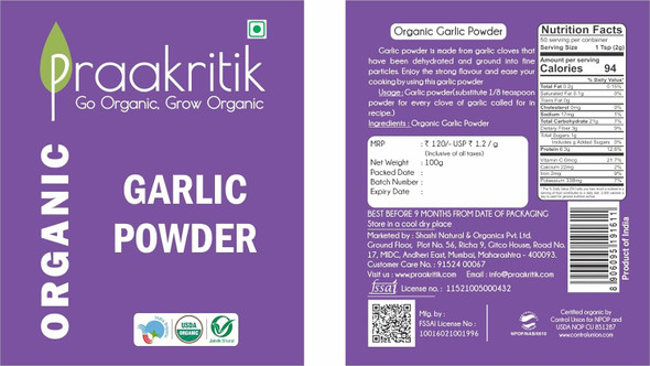 Praakritik Organic Garlic Powder | 100% Organic & 100% Natural | Ready to Use | 100% Vegetarian | No Added Preservatives and Colors | Pack of 4 | 100 Grams Each|14.08Oz|0.88lbs