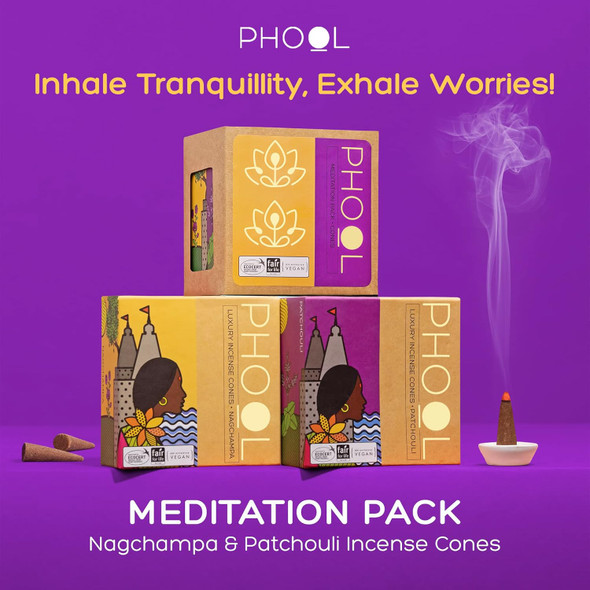 PHOOL LUXURY INCENSE Pack Of 2 Natural Incense Cones, Meditation Pack - 80 Organic Dhoop Cones | Fragrances - Nagchampa & Patchouli | Dhoop Cones For Pooja | Free Dhoop Stand Inside