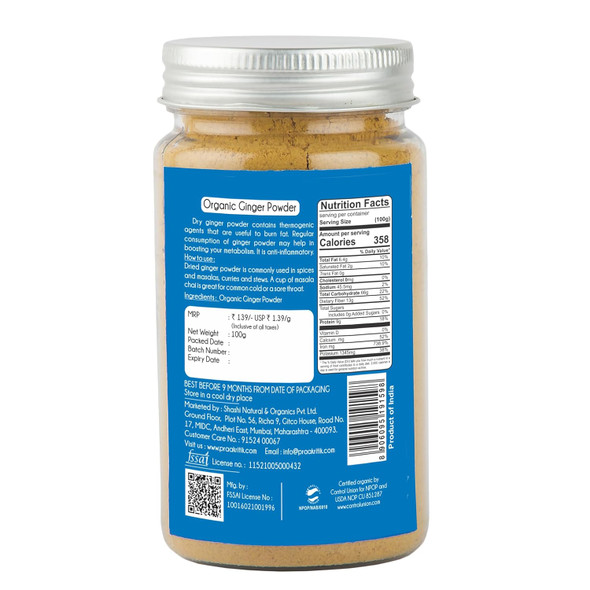 Praakritik Organic Ginger Powder, 100% Organic Powder, Daily Use Healthy Ginger Powder, No Artificial Color No Artificial Flavor, Pack of 3, 100 Grams Each Total 300 Gram|10.56Oz|0.66lbs
