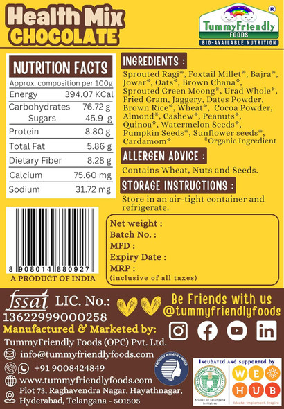 TUMMY FRIENDLY Foods Organic Chocolate Health Mix Powder For Baby Kids 2 Year Old|Baby Food For 2+ Year Old|Maximum Nutrition From Real Food. Available In Trial Baby Packs Too. 300G|7.04Oz|0.44lbs