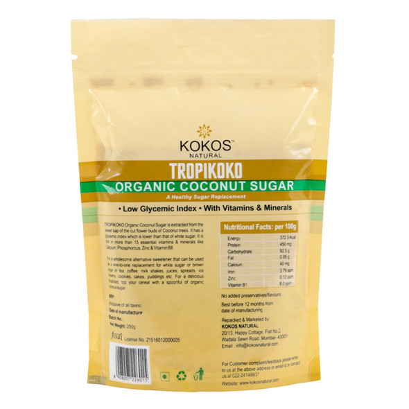 Kokos Natural- Tropikoko Organic Coconut Sugar - 250 Gm | 100% Natural Sugar Replacement | Contains 15 Essential Vitamins and Minerals | Organic Sugar | Sugar Substitute | Pack of 1|8.8Oz|0.55lbs