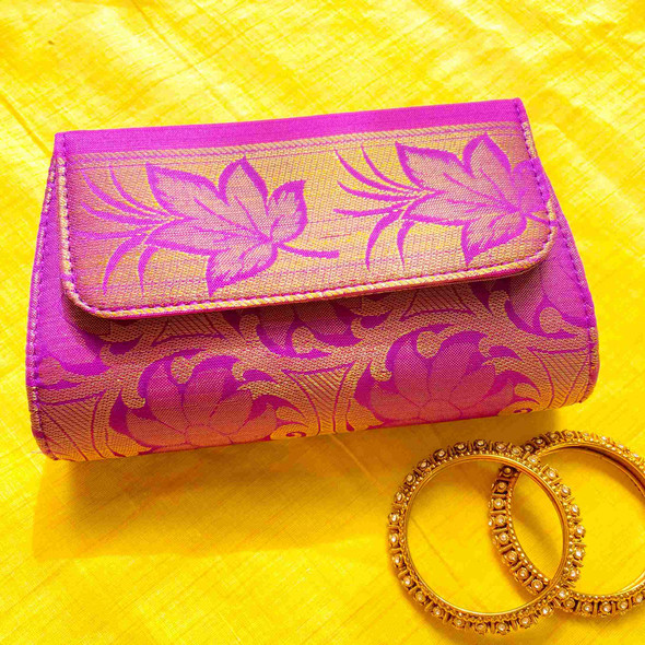 Upcyclie | Clutch Purse- Purple Flowers on Golden | 4.53 Oz | 0.29 lbs